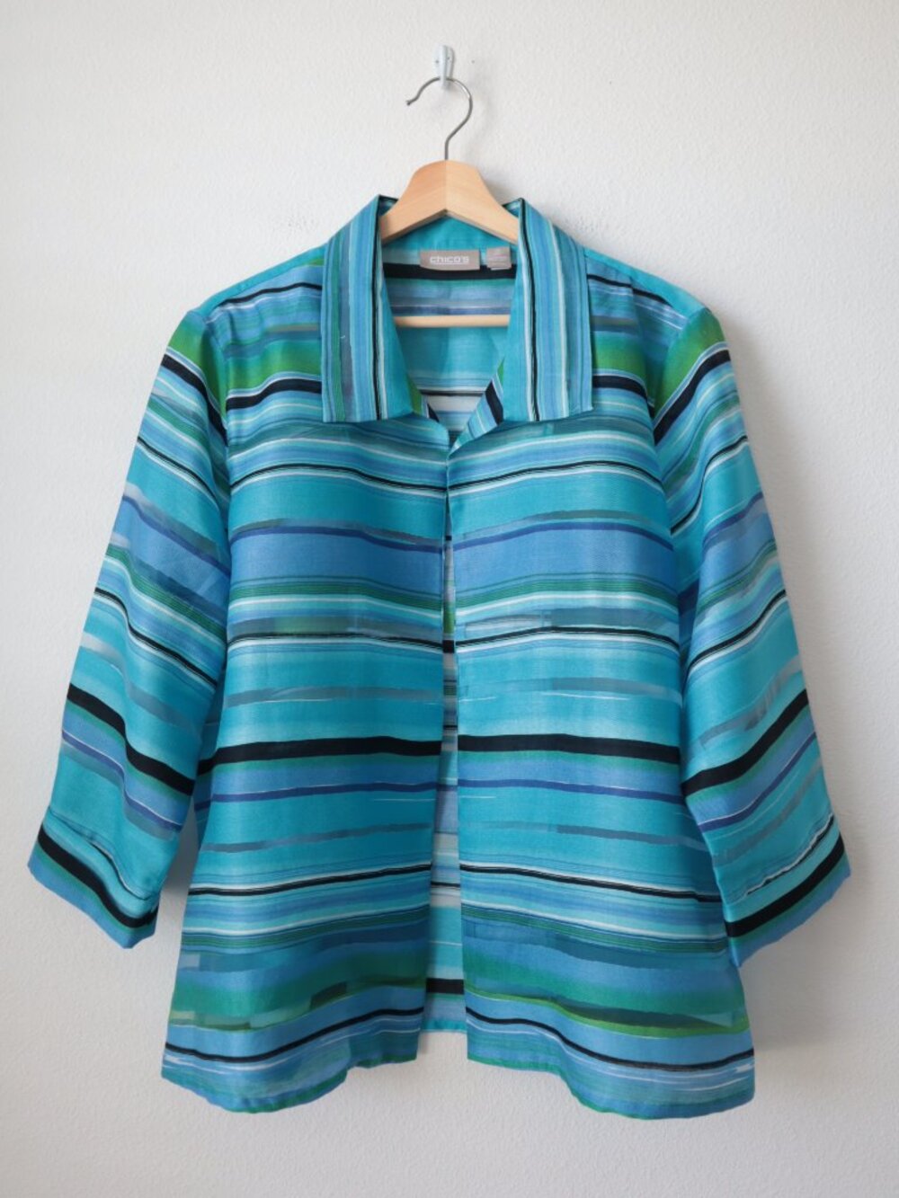 Chico's 3/4 Sleeve Lightweight Sheer Open Front Top Layer | L